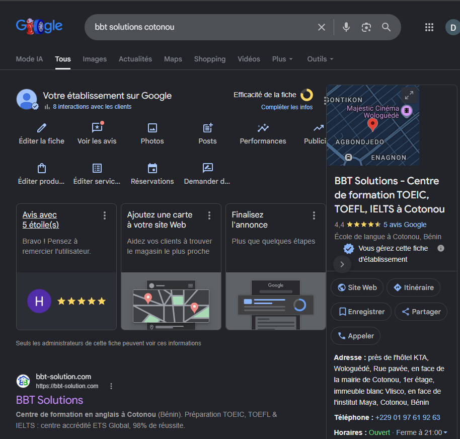 Résultat de recherche Google : BBT Solutions visible avec son adresse à Cotonou